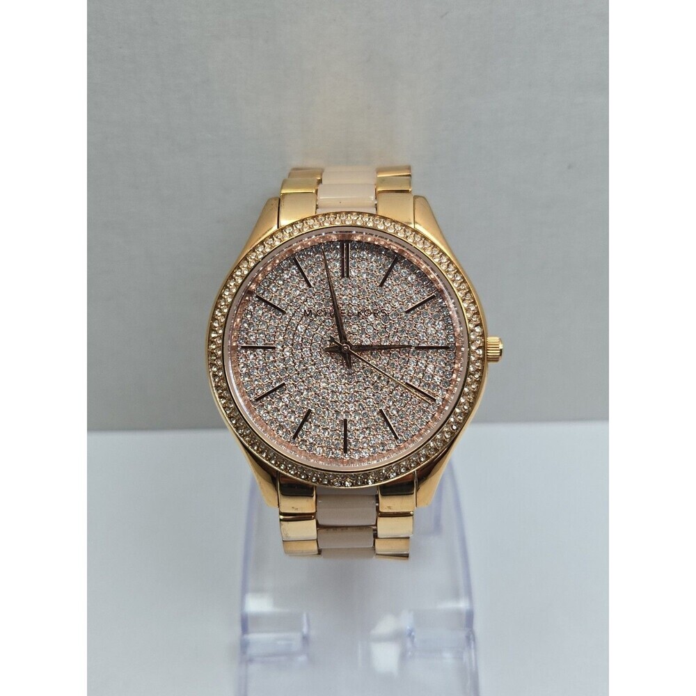 Michael Kors Slim Runway Womens Rose Gold Crystal Pave Acetate Watch New Battery